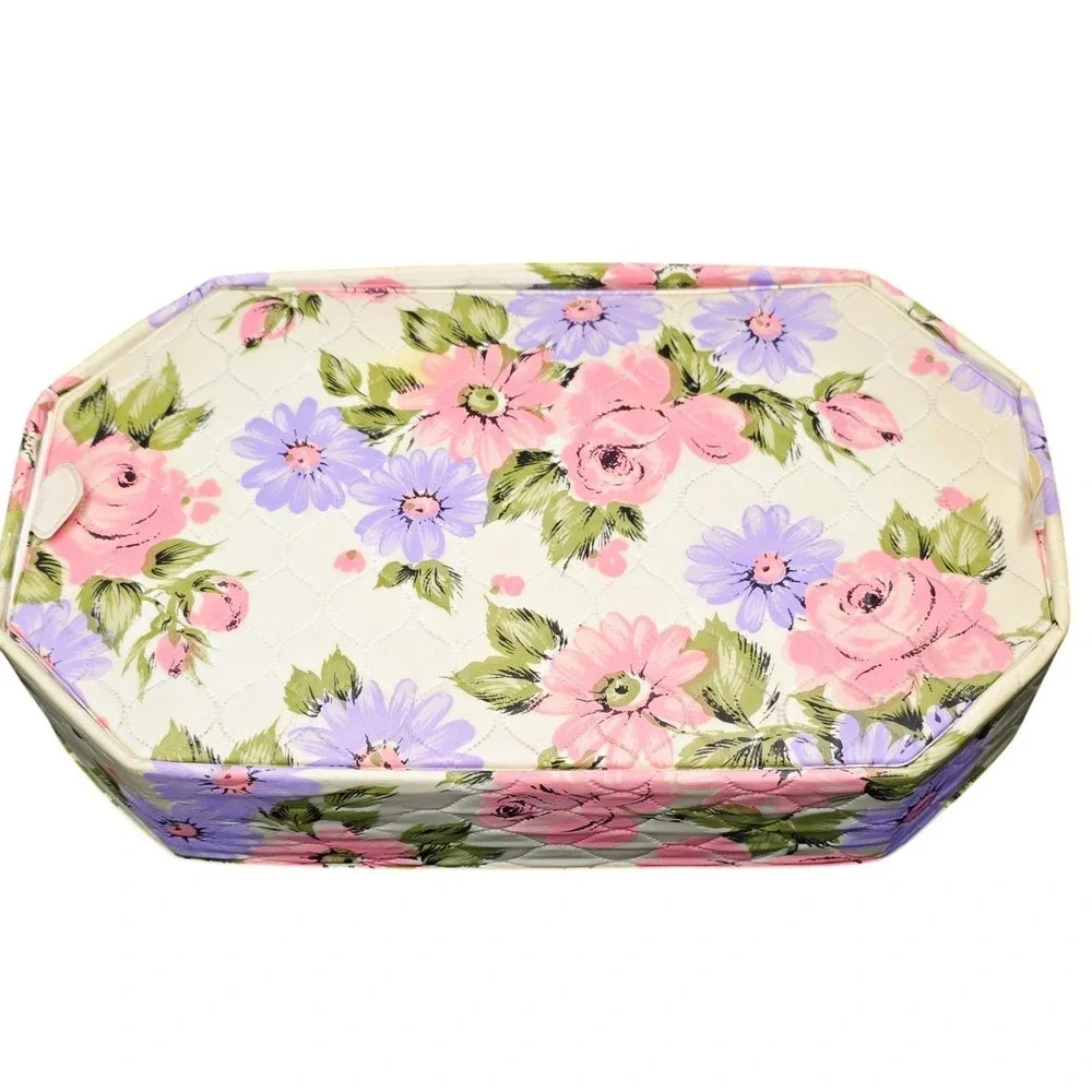 Vintage Floral Quilted Cartonnage Box Organizer Tray Floral Roses Purple Daisies